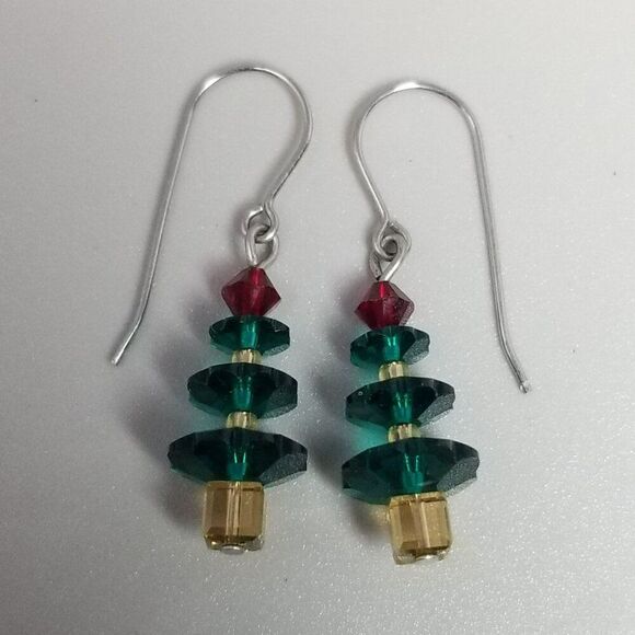 Vintage Beaded Christmas Tree Shape Dangle Earrings, Red Green, Estate - Picture 4 of 5